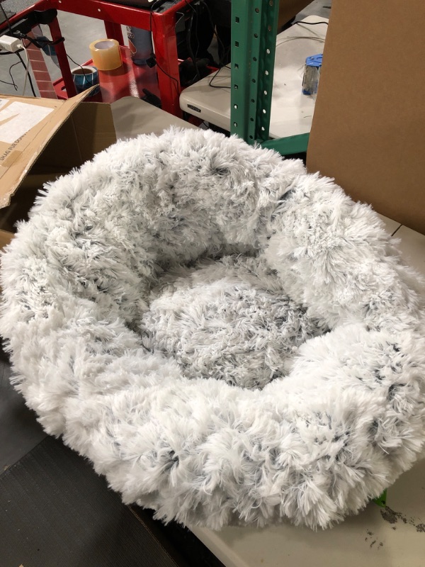 Photo 1 of Bedsure Calming Dog Bed for Small Dogs - Donut Washable Small Pet Bed, 23 inches Anti Anxiety Round Fluffy Plush Faux Fur Cat Bed, Fits up to 25 lbs Pets, Frost Grey