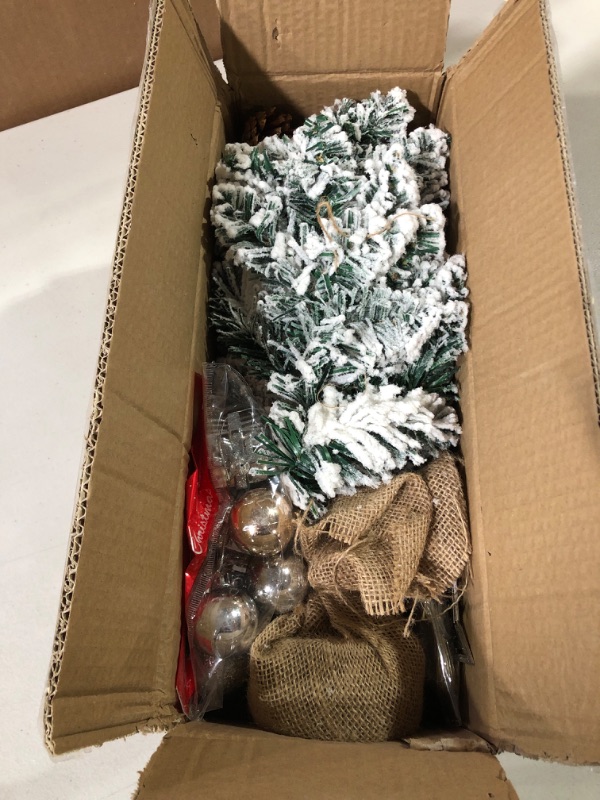 Photo 2 of 24 Inch 2FT Snowy Mini Christmas Tree, Small Tabletop Flocked Tree with LED Lights, Pine Cones, Balls, Star Tree Topper, Mini Gift Box and Cloth Bag Base, Xmas Decorations