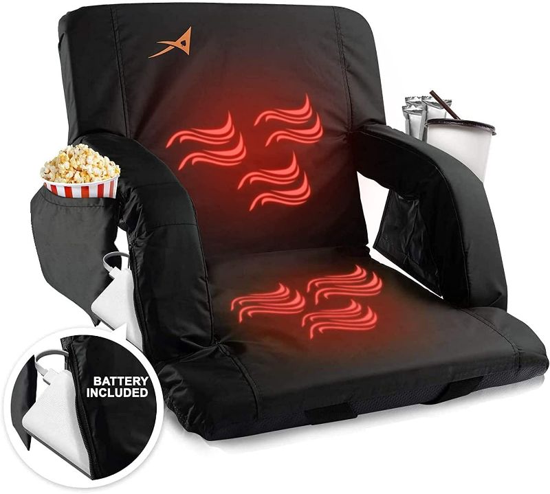 Photo 1 of ACELETIQS Wide Double Heated Stadium Seats for Bleachers with Back Support – USB Battery Included - Upgraded 3 Levels of Heat - Foldable Chair - Cushioned, 4 Pockets, Cup Holder 