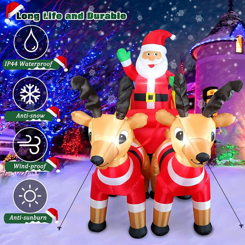 Photo 1 of Christmas Inflatables Santa Claus on Sleigh with 2 Reindeers Outdoor Yard Decoration, 7FT Blow up Santa Sleigh and Reindeer with Gift Boxes, 