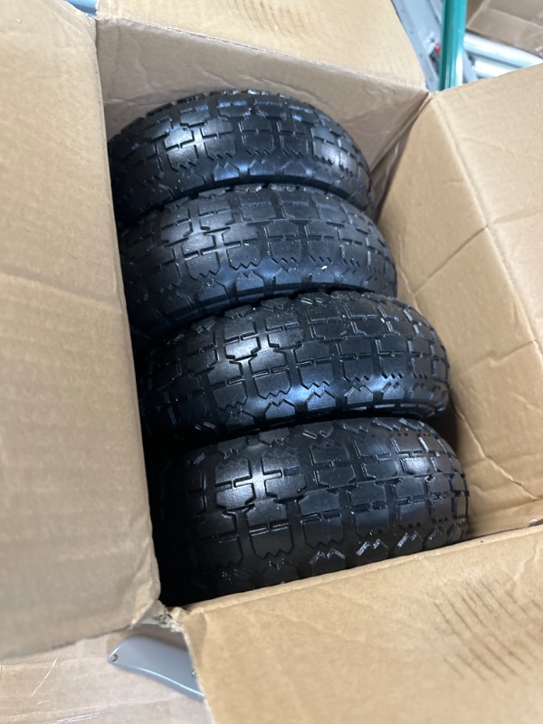 Photo 1 of 10" Flat Free Tires Solid Rubber Tyre Wheels?4.10/3.50-4 Air Less Tires Wheels with 5/8" Center Bearings?for Hand Truck/Trolley/Garden Utility Wagon Cart/Lawn Mower/Wheelbarrow/Generator?4 Pack, Black 12.4 Pounds Black