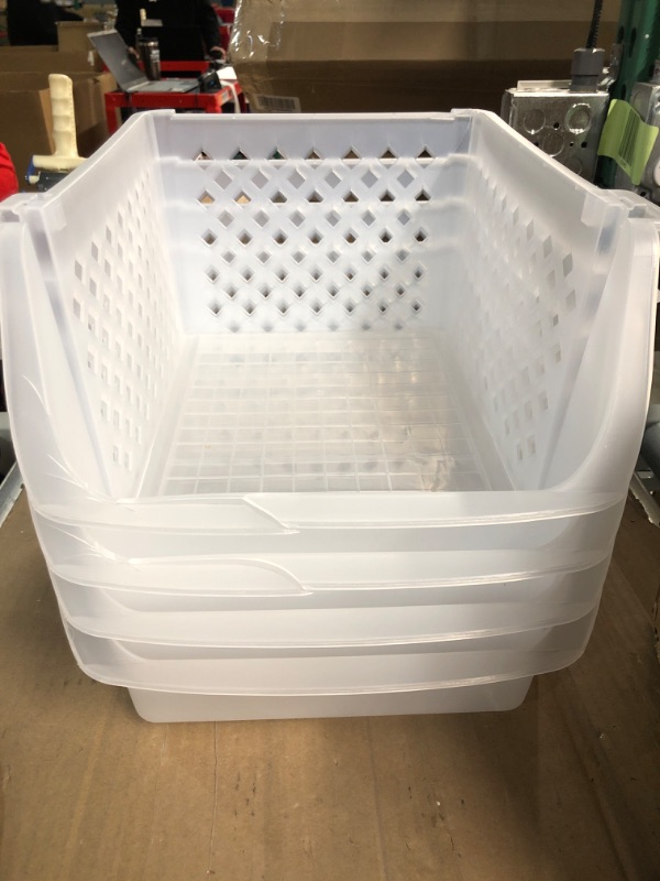 Photo 2 of -2 BINS CRACKED(SEE PICTURES)- Skywin Plastic Stackable Storage Bins for Pantry - 4-Pack Clear