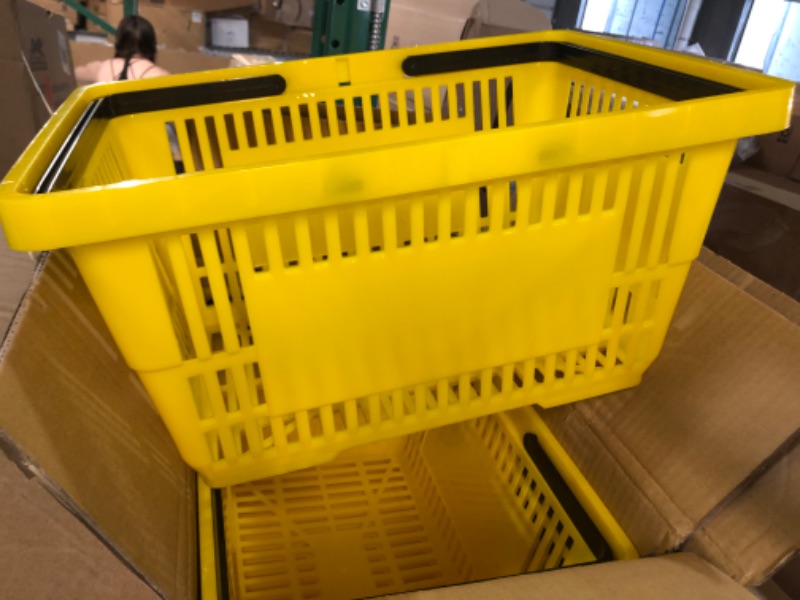 Photo 2 of 12 Pcs Shopping Baskets 20 L Plastic Shopping Baskets with Handles 16.9 * 11.8 * 9.1 Inches Store Baskets Retail Baskets with Handles for Market Grocery Supplies Thrift Convenience Storage (Yellow)