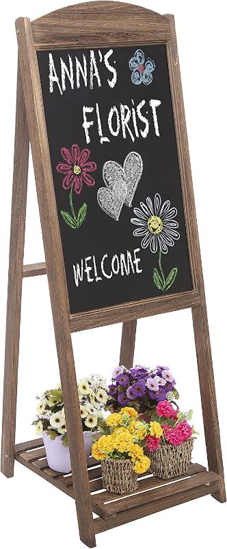 Photo 1 of ***DAMAGED*** MyGift 4 ft Rustic Brown Wood A-Frame Sidewalk Chalkboard Sign with Display Shelf, Erasable Easel Memo Board
