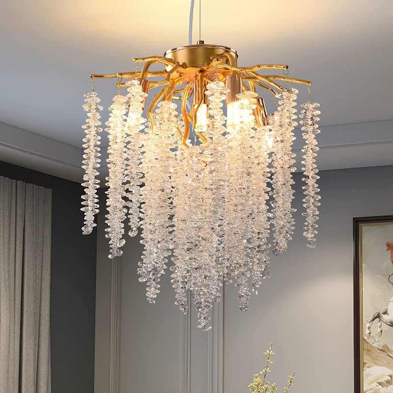 Photo 1 of ***USED/INCOMPLETE*** Puvaue Modern Crystal Chandelier Luxury Gold Tree Branch Pendant Light Roud Raindrop Tassel Ceiling Hanging Light Fixtures for Bedroom Living Room Dining Room Entryway Dia 12"
