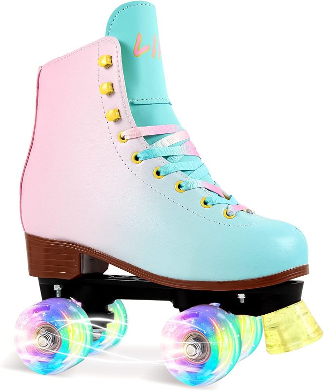 Photo 1 of LIKU Quad Roller Skates for Girl and Women with All Wheel Light Up,Indoor/Outdoor Lace-Up Fun Illuminating Roller Skate for Kid
