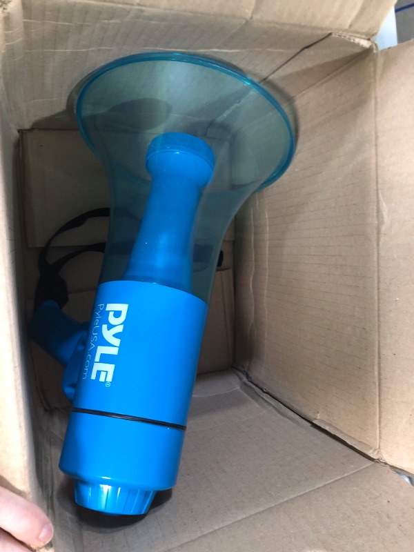 Photo 2 of Pyle (Blue) 40W Compact, Portable Waterproof Megaphone Bullhorn with Flashlight - Rechargeable PA Speaker, Adjustable Volume, Loud Alarm Siren, Handheld Lightweight Design for Outdoor Activities