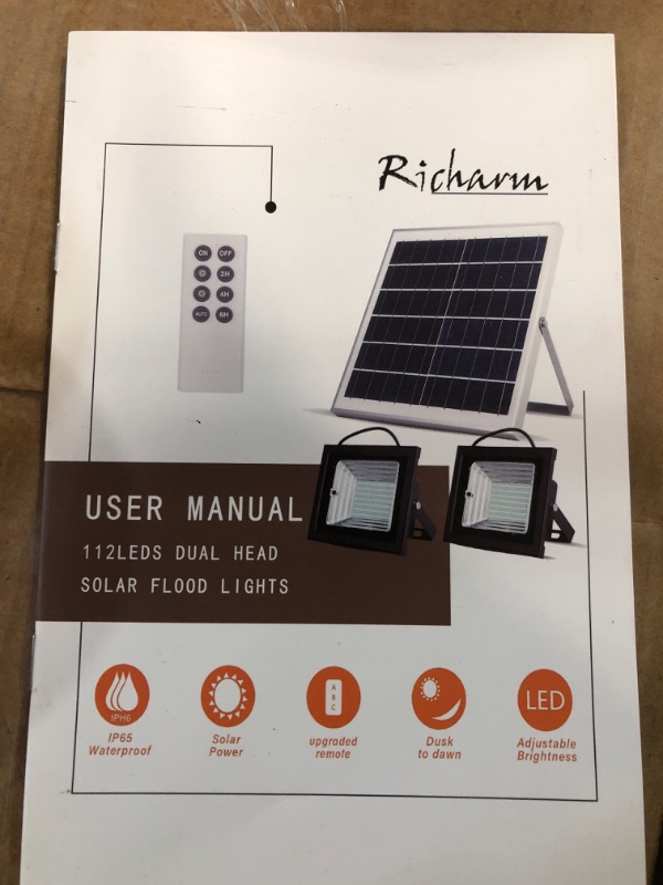 Photo 2 of Richarm Solar Flood Lights,Remote Control Outdoor Solar Powered Led Floodlights Solar Street Lights,800LM Dual 112LED 6500K White Lights IP65 Waterproof Long Lasting Solar Security Lights