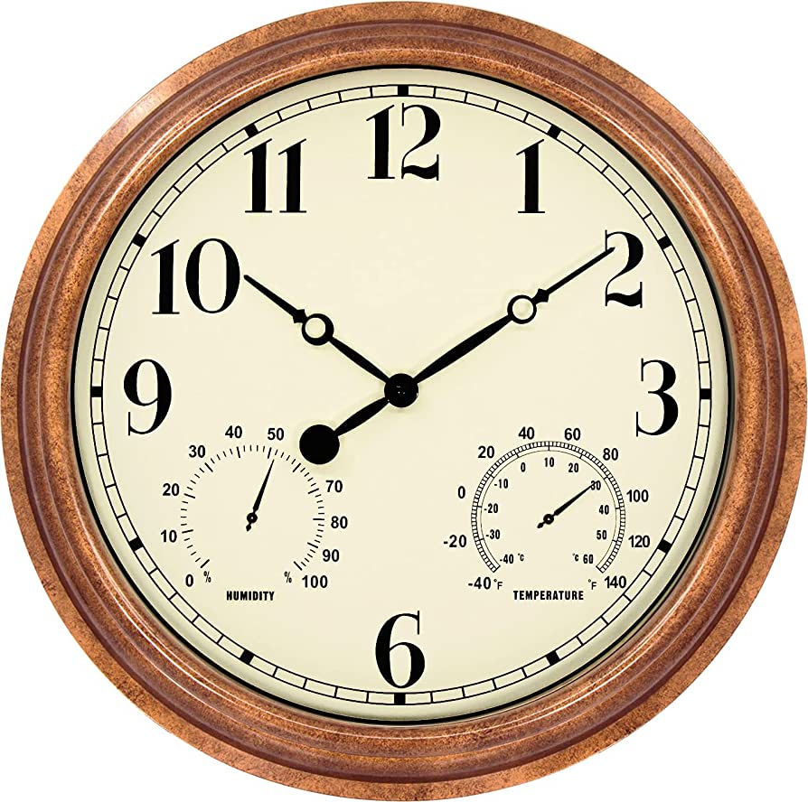 Photo 1 of 45MinST 16 Inches Indoor/Outdoor Retro Wall Clock with Thermometer and Hygrometer, Silent Non Ticking Round Wall Clock Home Decor with Arabic Numerals(Bronze)