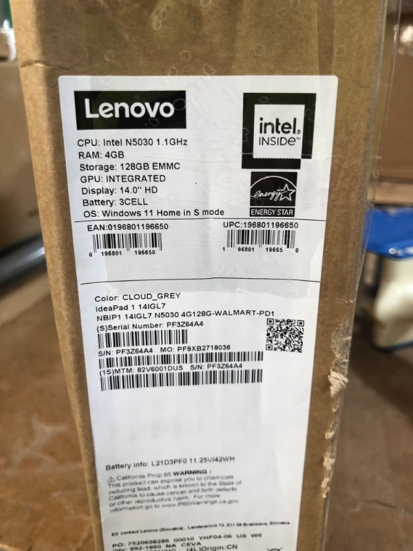 Photo 1 of Lenovo IdeaPad 1 Laptop, 14.0" HD Display, Intel Celeron N4020, 4GB RAM, 64GB Storage, Intel UHD Graphics 600, Windows 11 in S Mode,  81VU00D1US