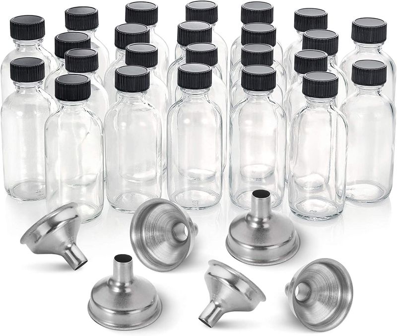 Photo 1 of 24, 2 oz Small Clear Glass Bottles (60ml) with Lids & 3 Stainless Steel Funnels - Boston Round Sample Bottles