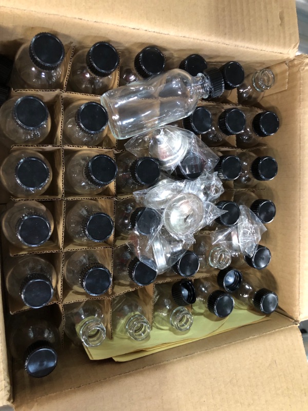 Photo 1 of 24, 2 oz Small Clear Glass Bottles (60ml) with Lids & 3 Stainless Steel Funnels - Boston Round Sample Bottles