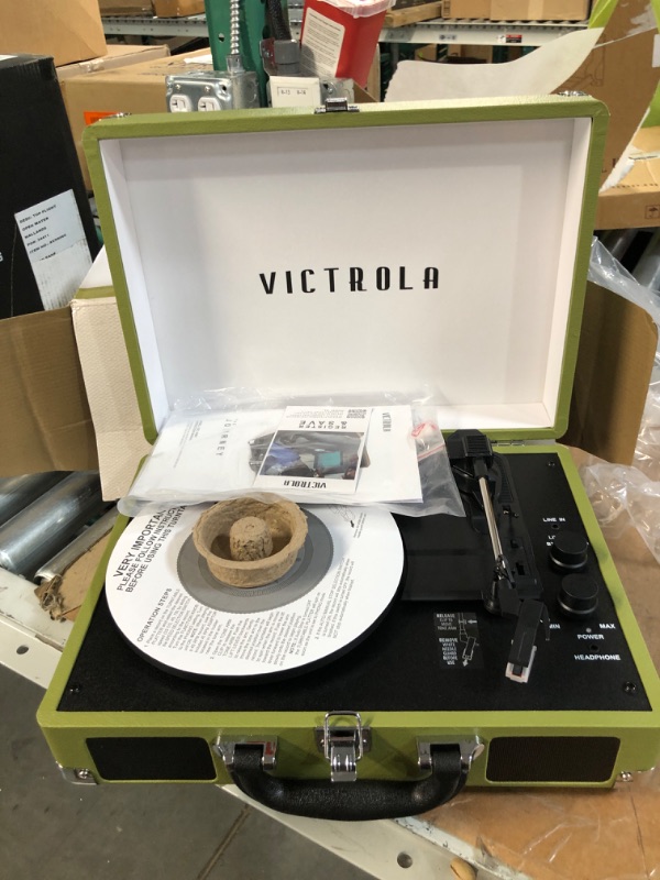 Photo 2 of Victrola Vintage 3-Speed Bluetooth Portable Suitcase Record Player with Built-in Speakers | Upgraded Turntable Audio Sound | Green Olive Green Olive Record Player