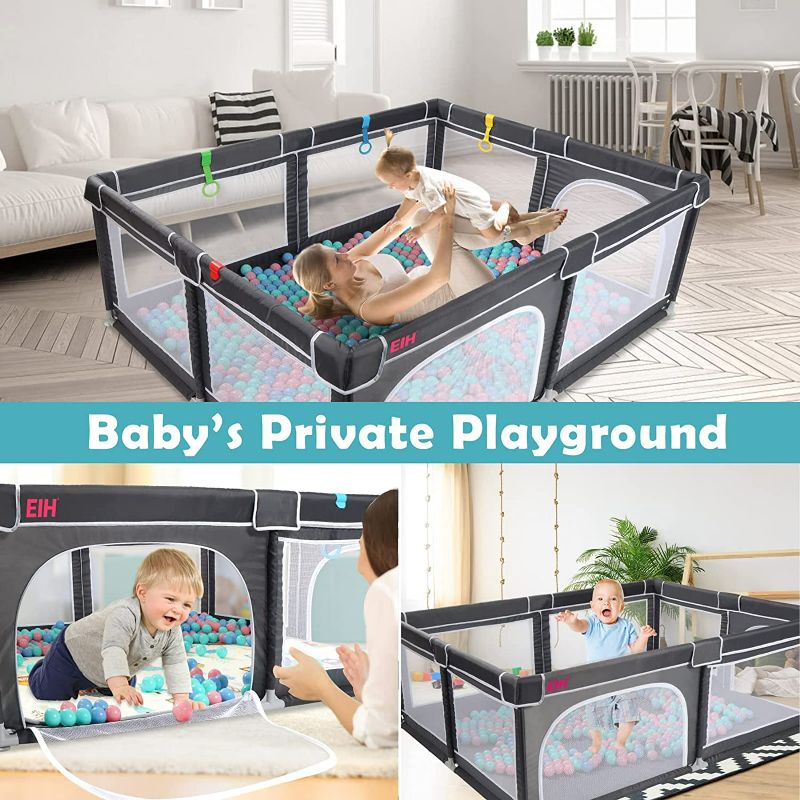 Photo 3 of EIH Large Baby Playpen with Mat & 50PCS Balls, Play Yard for Babies and Toddlers Indoor and Outdoor Kids Activity Center 79 Inch x 59 Inch, Dark Grey