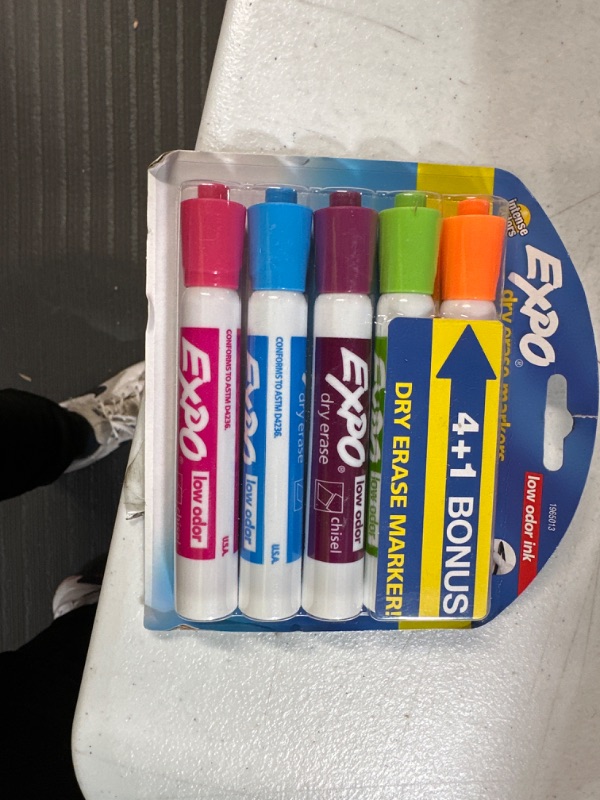 Photo 2 of Expo Low Odor Dry Erase Markers, Chisel Tips, Assorted Colors, 4 + 1 Bonus Pack