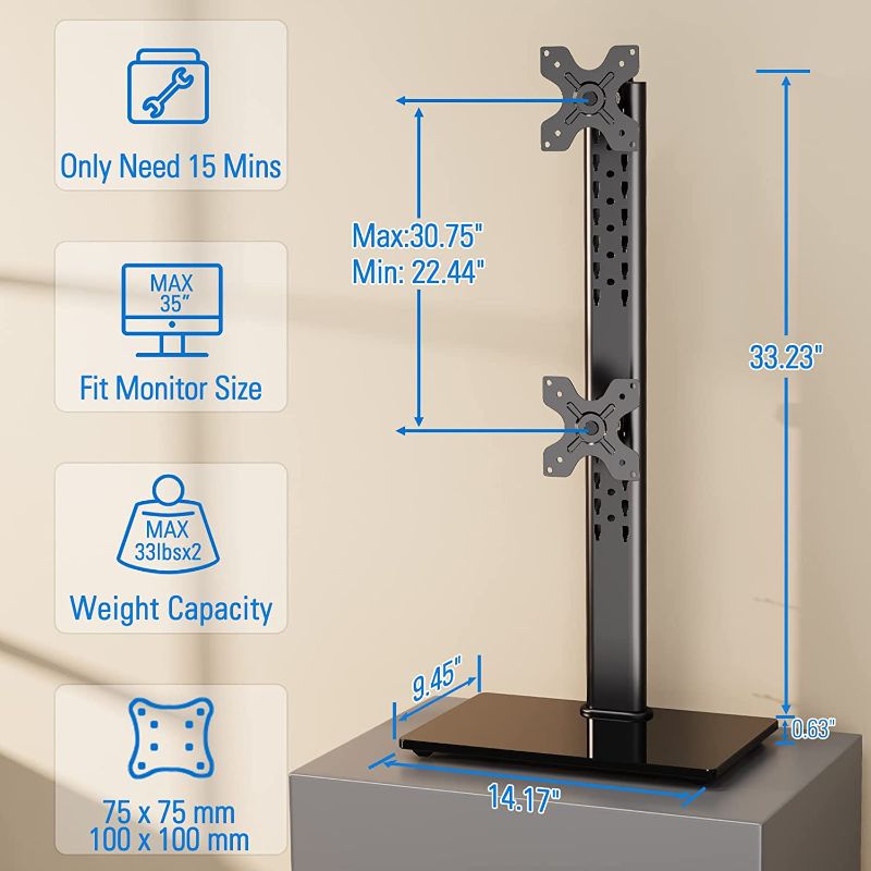 Photo 1 of MOUNTUP Vertical Dual Monitor Stand, Stack Two Screens up to 32 inches,33 Lbs