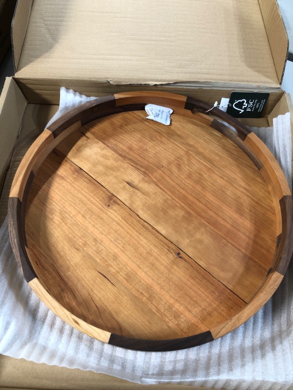 Photo 2 of **MAJOR CRACK DOWN THE MIDDLE**
MAGIGO 18 Inches Large Round Cherry Wood Ottoman Tray with Handles