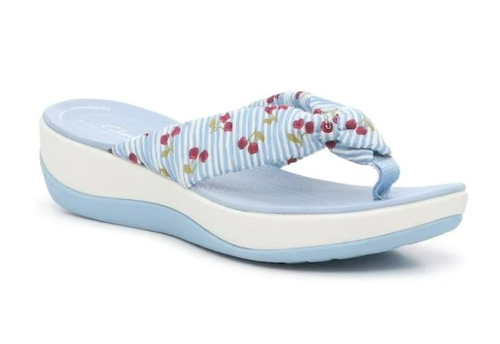 Photo 1 of Clarks Arla Glison Sandal Light Blue & White Stripe Cherry Print
