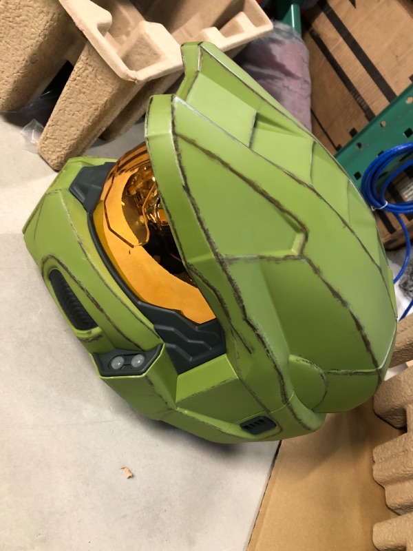 Photo 3 of HALO Master Chief Deluxe Helmet with Stand - LED Lights on Each Side - Battle Damaged Paint - One Size Fits Most - Build Your Halo Universe, Green