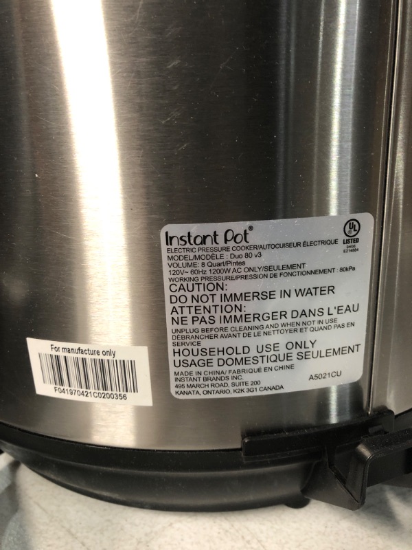 Photo 3 of **USED** 8 qt. Stainless Steel Duo Electric Pressure Cooker