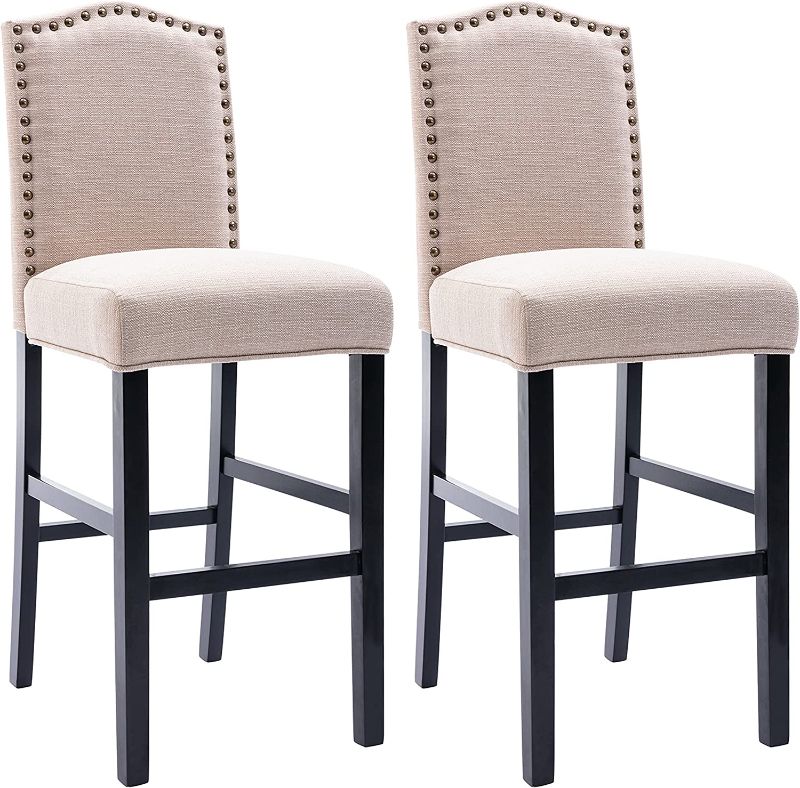 Photo 1 of *SLIGHT USE/SEE NOTES**COLAMY Tall Bar Height Stools 30 Inch Set of 2, Upholstered Fabric Accent Tall Barstool Wooden Legs Nailhead Trim Full Padded Back Support