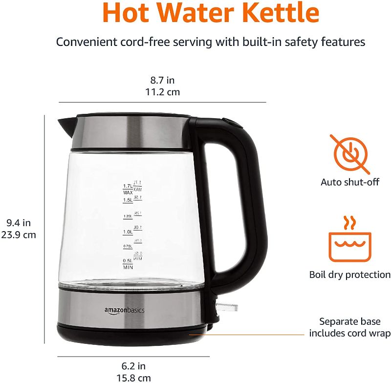 Photo 1 of Amazon Basics Electric Glass and Steel Hot Tea Water Kettle, 1.7-Liter
