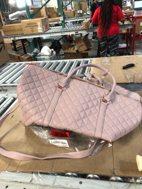 Photo 1 of -USEDE- Women's Quilted Leather Weekender Travel Duffel Bag With Rose Gold Hardware - Large 22" Size - Cute Satin Inner Lining - Mauve