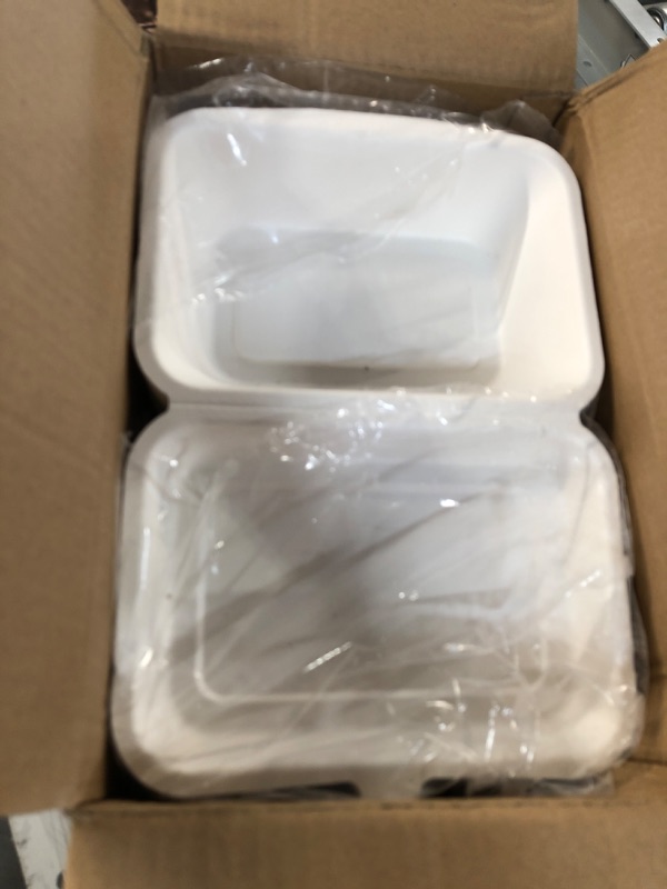 Photo 2 of 1000 Count - Biodegradable 9x6 Take Out Food Containers with Clamshell Hinged Lid - Eco Friendly Sugarcane Bagasse 100% Compostable, Recyclable, ToGo, Restaurant Carry Out, Party Take Home Boxes