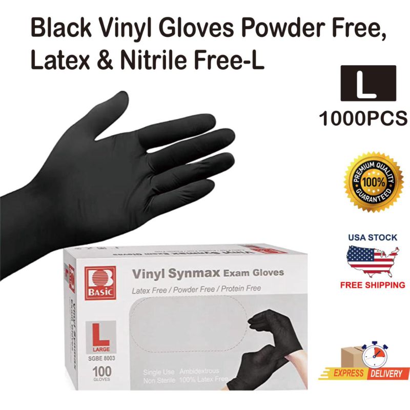 Photo 2 of 100 PCS Black Vinyl Gloves Powder Free, Latex & Nitrile Free-L
