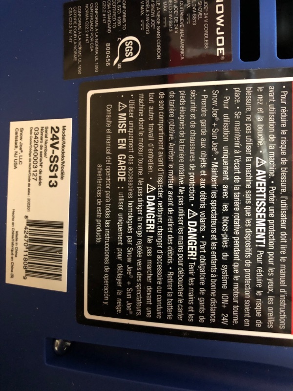Photo 3 of **SEE NOTES**
Snow Joe 24V-SS13 24-Volt iON+ 13-Inch 4-Ah Cordless Snow Shovel, Blue & iON+ System Compatible 24VBAT EcoSharp Pro Lithium-Ion Battery, 24 Volt, 4.0-Ah Kit (w/ 4-Ah Battery + Quick Charger) Shovel + Battery, 24 Volt