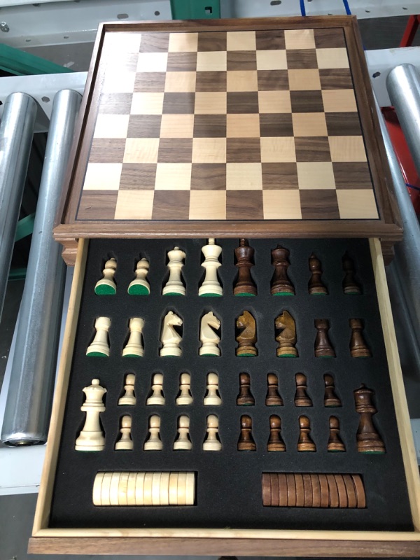 Photo 2 of **USED** A&A 15 inch Walnut Wooden Chess & Checkers Set w/ Storage Drawer w/ Walnut Box