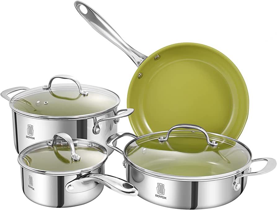 Photo 1 of Stainless Steel Pots and Pans Set Nonstick, kitchen Ceramic Coating Cookware Set with Lids Non Stick Frying Pans & Saucepans Stay-Cool Stainless Steel Handles, for Induction/Electric Gas Cooktops Dishwasher Safe