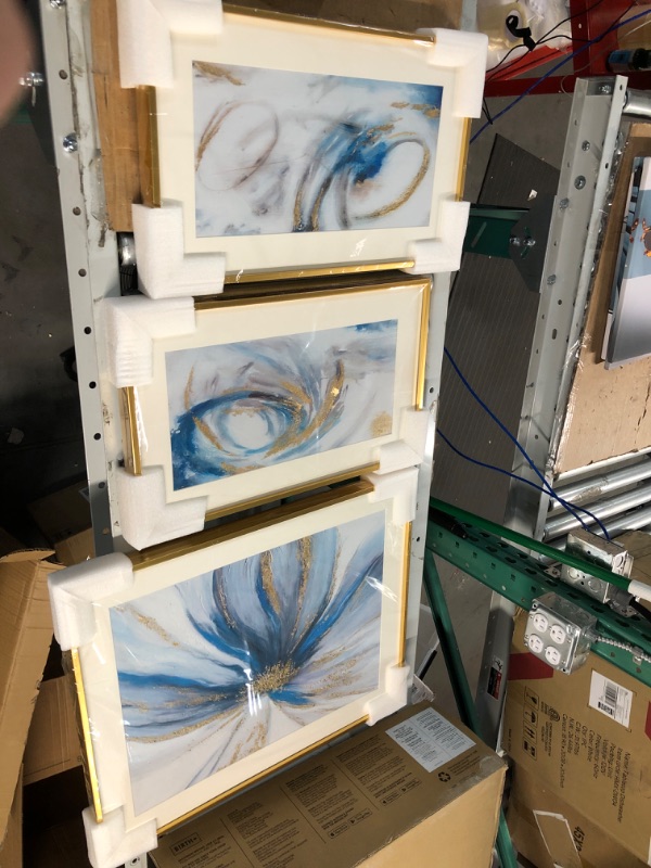 Photo 2 of **NEW** Blue Flowers and Abstract Canvas Wall Art With Gold Frame for Living Room-3 Panels Floral Canvas Print for Bedroom- Framed Modern Blue Wall Decor for Office,Kitchen Bathroom 20x56 inches Artwork-WKF-121 20x56inches