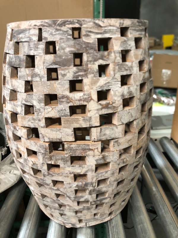 Photo 1 of Amazon Aware Outdoor Wood Stool and Plant Stand, Dark Grey Burnt Natural Oval Checkered
15.4"D x 15.4"W x 19"H