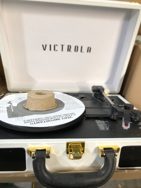 Photo 3 of Victrola Vintage 3-Speed Bluetooth Portable Suitcase Record Player with Built-in Speakers | Upgraded Turntable Audio Sound| White (VSC-550BT-WH) White Record Player