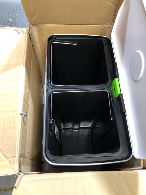 Photo 2 of * DAMAGED * SONGMICS Kitchen Trash Can, 16 Gallon (2 x 8 Gallon) Dual Compartment Garbage Can, 60L Pedal Recycling Bin, Stay-Open Lid and Soft Closure, Stainless Steel, 15 Trash Bags Included, White ULTB202W01