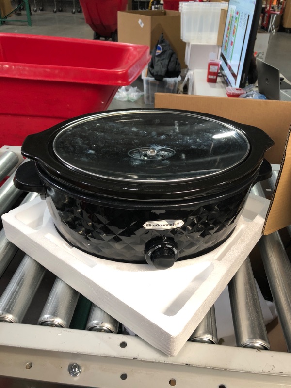 Photo 2 of * NONFUNCTIONAL UNIT * Elite Gourmet MST1234BX Diamond Pattern Slow Cooker Removable, Dishwasher-Safe Stoneware Pot with Tempered Glass Lid, Cool-Touch Handles, 6 Quart, Charcoal Black 6 Quart Charcoal Black