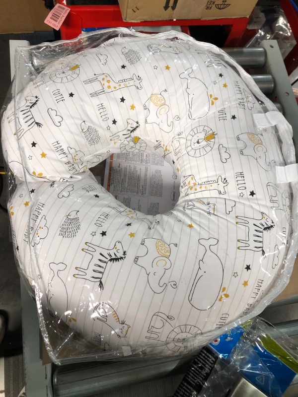 Photo 2 of Boppy Nursing Pillow and Positioner - Original, Notebook Black and White with Gold Animals, Breastfeeding, Bottle Feeding, Baby Support, with Removable Cotton Blend Cover, Awake-Time Support