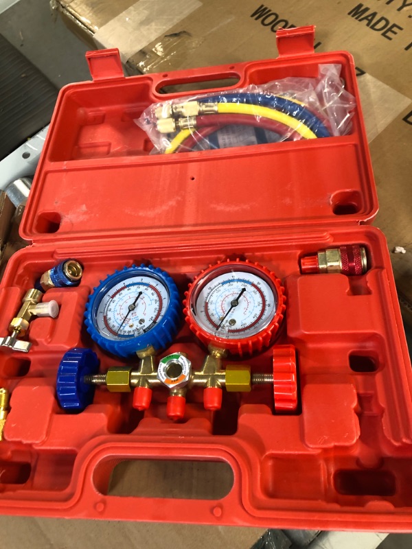 Photo 2 of AC Gauges, AC Manifold Gauge Set with 3FT Hoses Couplers & Adapter, Piercing & Self-Sealing Can Tap for R134a R12 R22 R404a Refrigerant, Car AC Gauge Set Freon Charge Kit RED