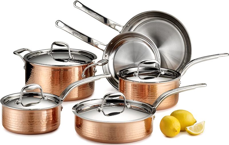 Photo 1 of **USED**Lagostina Martellata Hammered Copper 18/10 Tri-Ply Stainless Steel Cookware Set, 10-Piece