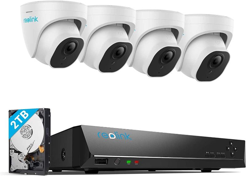 Photo 1 of **SEE NOTES** 
REOLINK 4K Security Camera System, 4pcs H.265 PoE Wired Turret 4K Cameras with Person Vehicle Detection, 4K/8MP 8CH NVR with 2TB HDD for 24-7 Recording, RLK8-800D4