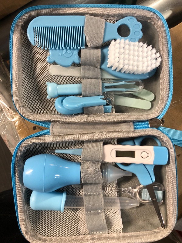 Photo 2 of Baby Grooming Kit, Portable Baby Safety Care Set with Hair Brush Comb Nail Clipper Nasal Aspirator etc for Nursery Newborn Toddlers Infant Girl Boys Keep Clean (11 in 1 Blue)