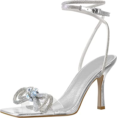 Photo 1 of YOLKOMO SQUARE TOE ANKLE STRTAPPY SATILETTO HIGH HEELS - SILVER