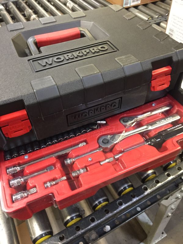 Photo 5 of WORKPRO 450-Piece Mechanics Tool Set, Universal Professional Tool Kit with Heavy Duty Case Box -- LATCH BROKEN
