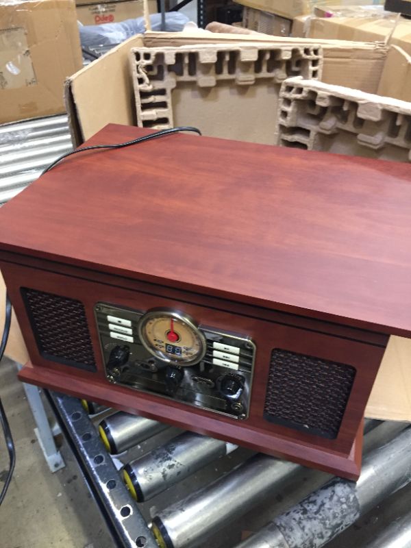 Photo 3 of Victrola Nostalgic 6-in-1 Bluetooth Record Player & Multimedia Center with Built-in Speakers - 3-Speed Turntable, CD & Cassette Player, FM Radio | Wireless Music Streaming | Mahogany Mahogany Entertainment Center