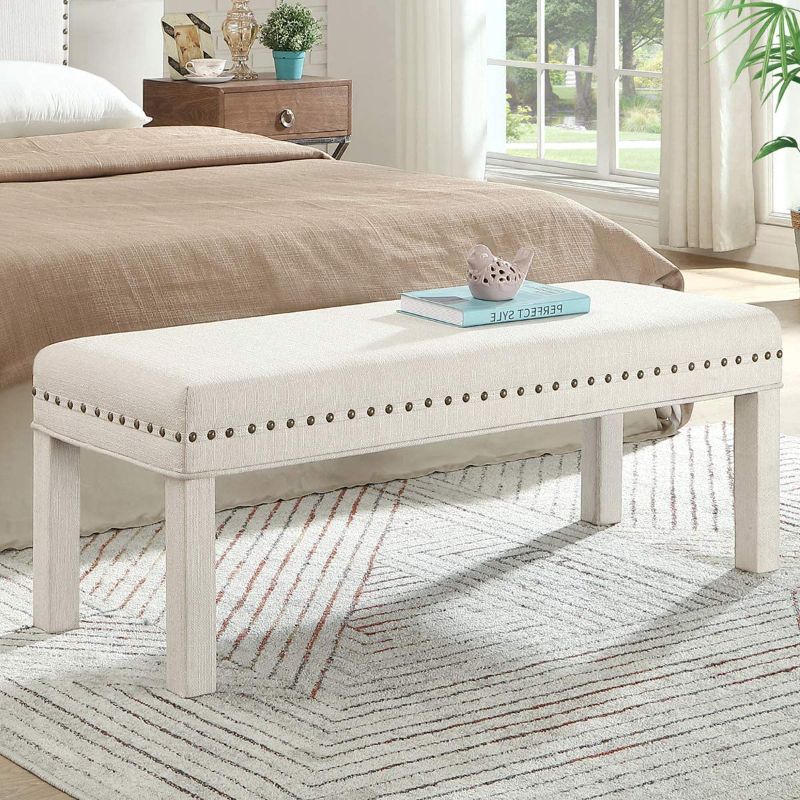 Photo 1 of 24KF Upholstered Linen Bed Bench with Nail Head Trim,Padded Tufted Bench -Ivory
