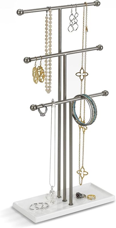 Photo 1 of 
Umbra Trigem Hanging Jewelry Organizer Tiered Tabletop Free Standing Necklace Holder Display, 3, White/Nickel