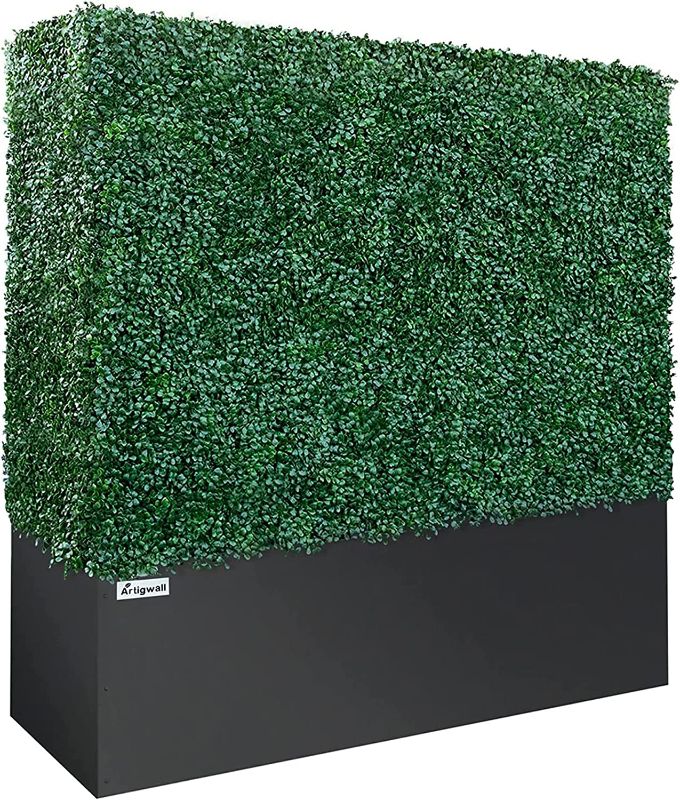 Photo 1 of Artigwall Artificial Boxwood Hedge Wall with Black 201 Stainless Steel Planter Box (48" H X 48" L X 14" D)   --- Box Packaging Damaged, Item is New

