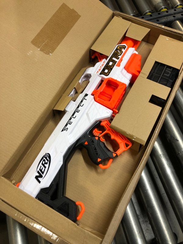 Photo 1 of NERF Ultra Select Fully Motorized Blaster, Fire for Distance or Accuracy, Includes Clips and Darts, Outdoor Games and Toys, Automatic Electric Full Auto Toy Foam Blasters Standard Packaging--------Lightly used-------missing some item