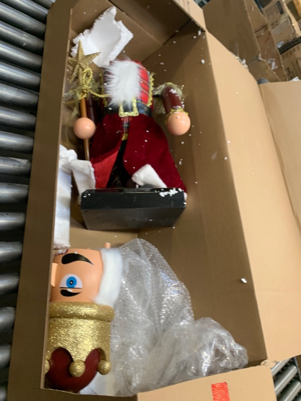 Photo 3 of 42" Christmas Nutcracker Musical Animated 3.75 Ft Tall Life-Size Large Giant Red Christmas Velvet Nutcracker King On Stand Moving Hands Sings Holding Golden Light up Scepter Indoor Decoration --- Box Packaging Damaged, Moderate Use, Scratches and scuffs o